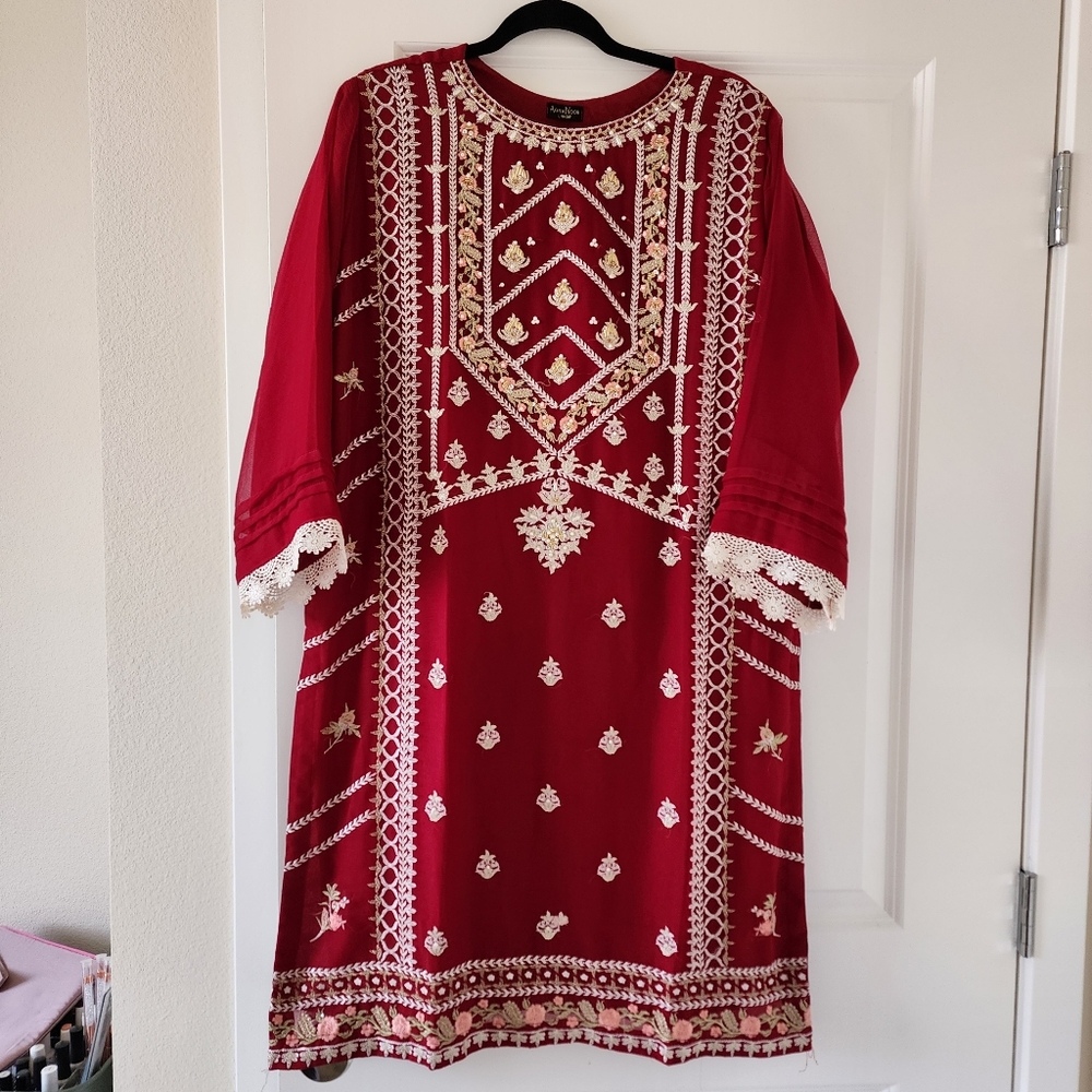 NEW Agha Noor Red 3 Piece Pakistani Suit Large 46"